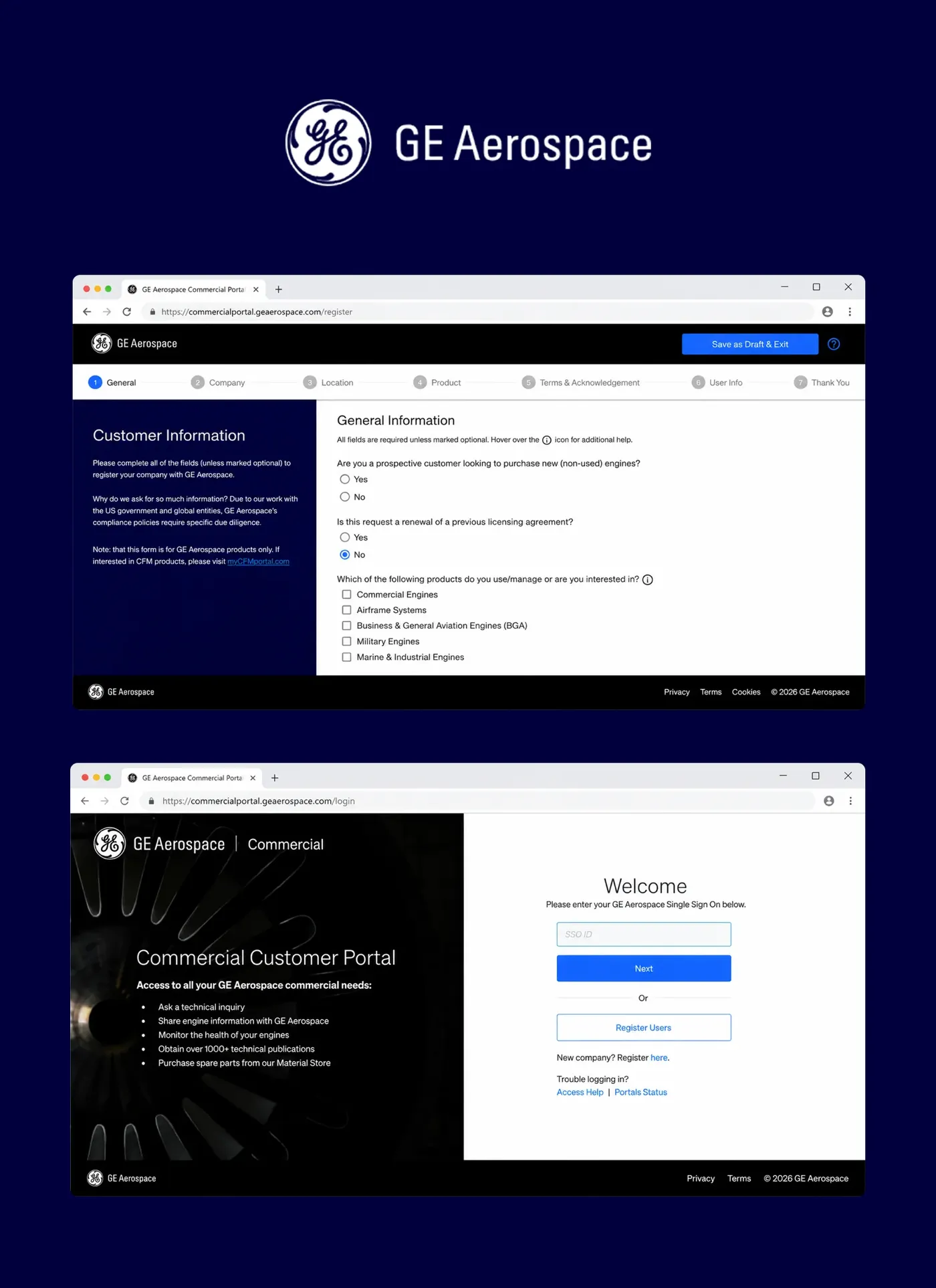 GE Aerospace commercial airlines customer portal sign-in and onboarding screens