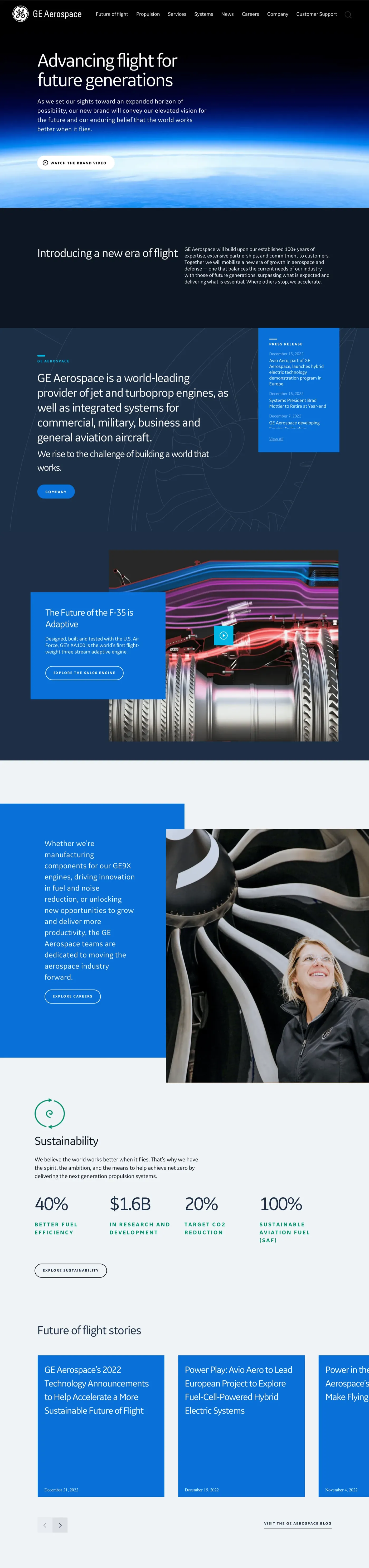 GE Aerospace (geaviation.com) website redesign, full homepage