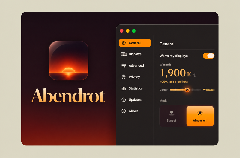 Abendrot app icon and macOS settings interface